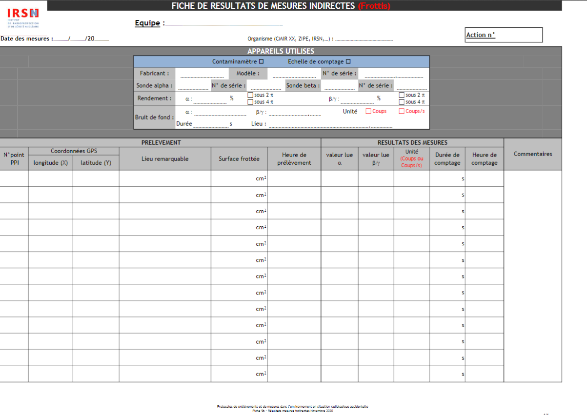 Fiche résultats mesures indirectes (frottis)